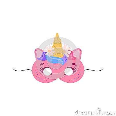 Pink unicorn children carnival mask flat vector illustration isolated on white. Vector Illustration