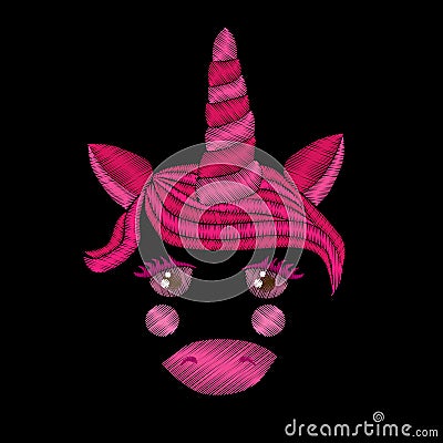 Pink unicorn embroidery stitches imitation Vector Illustration