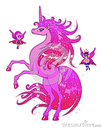 Pink unicorn and fairies Vector Illustration