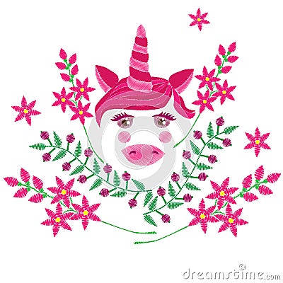Pink unicorn with flower embroidery stitches imitation Vector Illustration