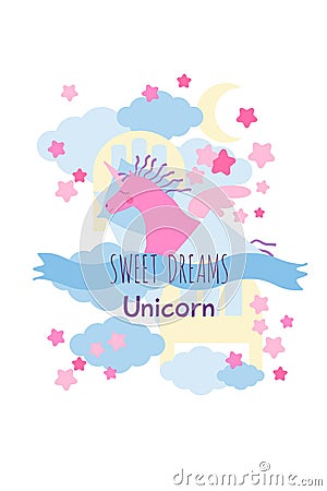 Pink unicorn sweet dreams greeting card Vector Illustration