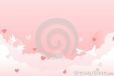 Pink valentine background design with cloud, heart and pigeon Vector Illustration