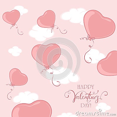 Pink Valentine Balloons in the Form of Heart on Sky Background Vector Illustration