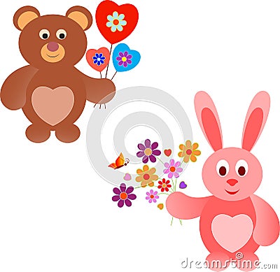 Pink Valentine Bunny and Brown Valentine Teddy Bear Illustrations Stock Photo