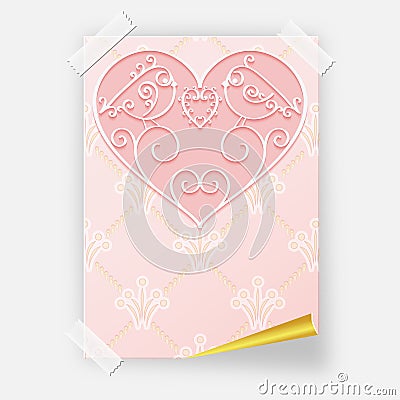 Pink Valentines Day poster with a heart and birds for creating messages invitations or greeting cards. Vector Illustration
