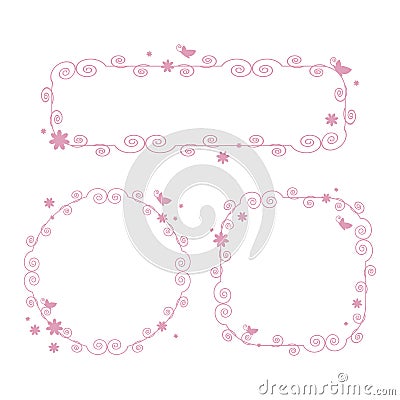 Pink vector girly cute frame with curls of butterflies flowers isolated on white background Vector Illustration