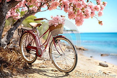 pink vintage bicycle with baskets with flowers stands on the beach outdoors. romantic greeting card Stock Photo