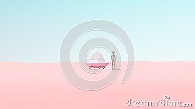 Pink Vintage UFO Flying Saucer Encounter Desert Sand Sunny Blue Sky Roswell New Mexico Incident Concept Cartoon Illustration