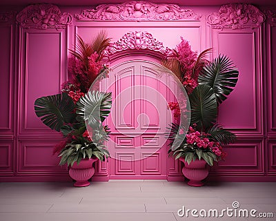 pink wall background with scenic door, Barbie style, Barbie backdrop, floral garland with pink and fuchsia flowers, Stock Photo