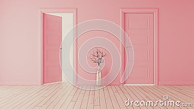 Pink wall with pink opened door and closed door realistic 3D rendering Stock Photo