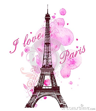 Pink watercolor blots and Eiffel Tower Vector Illustration