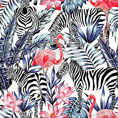 Pink watercolor flamingo, zebra and blue palm leaves tropical se Vector Illustration