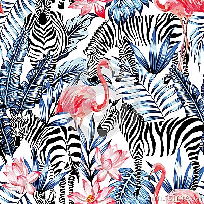 Pink watercolor flamingo, zebra and blue palm leaves tropical seamless background Stock Photo