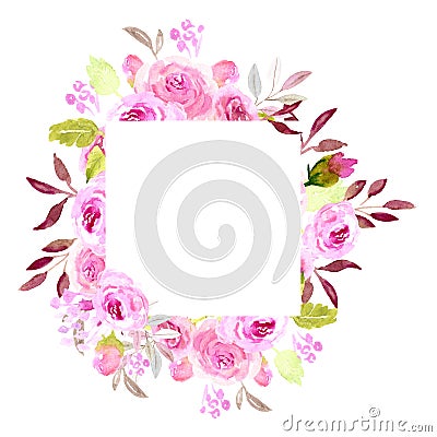 Pink watercolor flower frame, square Cartoon Illustration