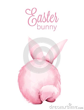 Pink watercolor fluffy easter bunny from behind Vector Illustration