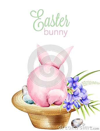 Pink watercolor fluffy easter bunny sitting on a hat with lily flowers and colorful eggs Vector Illustration