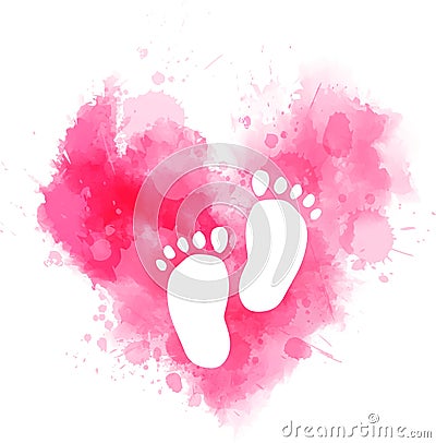 Pink watercolor heart with baby footprints Vector Illustration