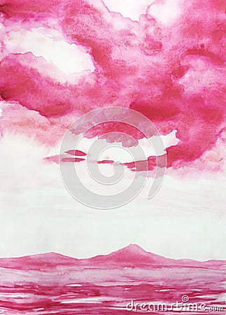 Pink watercolor illustration montain sea and clounds Cartoon Illustration