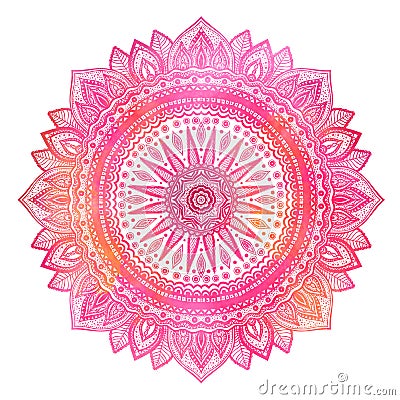 Pink watercolor mandala, indian motif. Ornate round ornament. Stock Photo