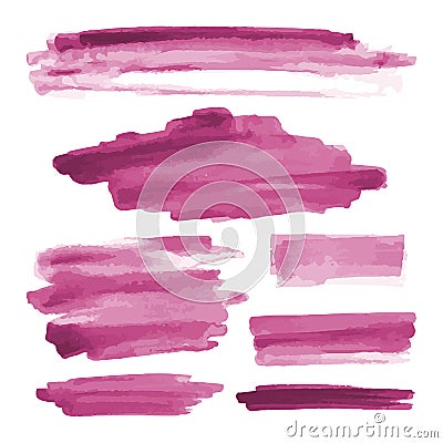 Pink watercolor shapes, splotches, stains, paint brush strokes. Abstract watercolor texture backgrounds set. Vector Illustration