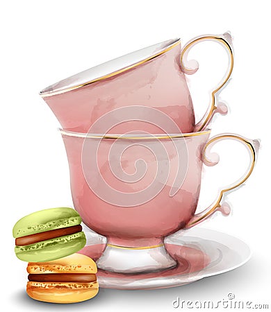 Pink watercolor tea cups with macaroon sweets Vector Illustration