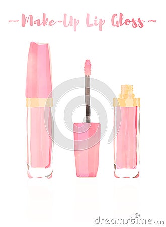 Pink watercolored painting vector illustration of a beauty utensil gloss lipstick makeup product to give lips a glossy lustre. Cartoon Illustration