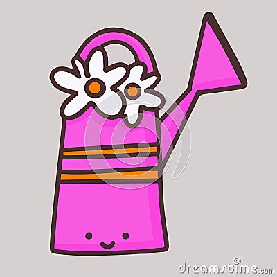 Pink watering can. The character of Lake in a cute style. Watering can with decoration of daisies Vector Illustration