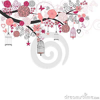 Pink Wedding Flowers and Birds Vector Illustration