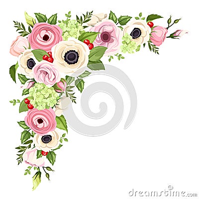 Pink and white anemones, lisianthuses, ranunculus and hydrangea flowers and green leaves. Vector corner background. Vector Illustration