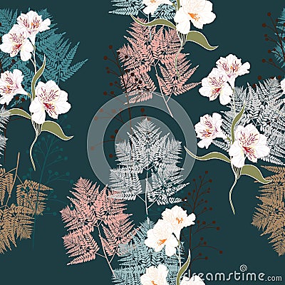 Pink and white bouquets on the black background. Vector seamless pattern with garden flowers. Vector Illustration