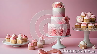 pink and white cake and cupcakes on a table Stock Photo