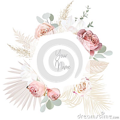 Pink and white garden roses, dried leaves, eucalyptus vector design invitation frame Vector Illustration