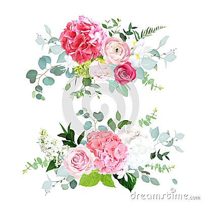 Pink and white hydrangea, red rose, ranunculus, peony, iris eucalyptus Vector Illustration