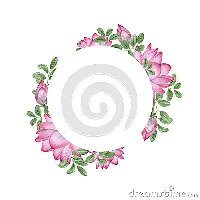 Pink white lotus, Butterfly pea leaves. Round frame with Water Lily, wisteria leaves. Indian lotus, sacred lotus Cartoon Illustration