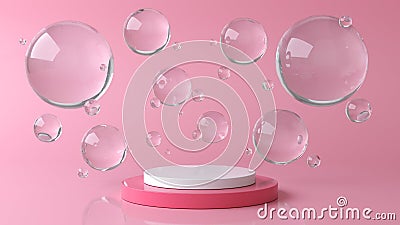 Pink and white round stage, pedestal or podium and water and glass bubbles or spheres in pink studio. Pink pastel background Stock Photo