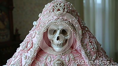 A pink and white skull covered in a veil with pearls, AI Stock Photo