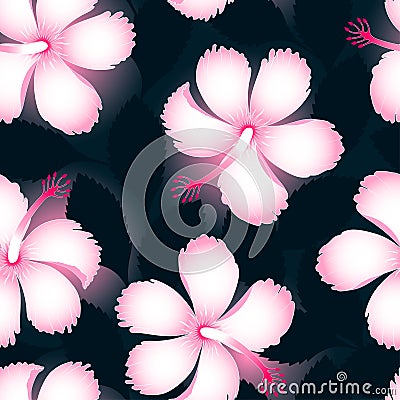 Pink and white tropical flowers on dark leaves seamless pattern Vector Illustration