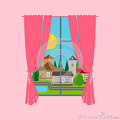 Pink window curtain with city landscape Vector Illustration
