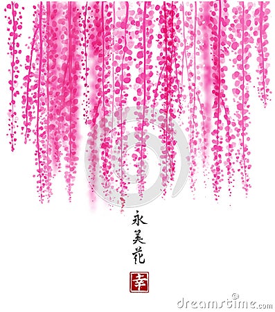 Pink Wisteria hand drawn with ink on white background. Contains hieroglyph - happiness, eternity, beauty, flower Vector Illustration