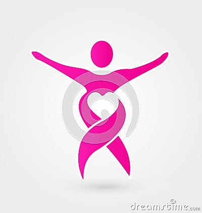 Pink woman ribbon, heart logo vector Vector Illustration