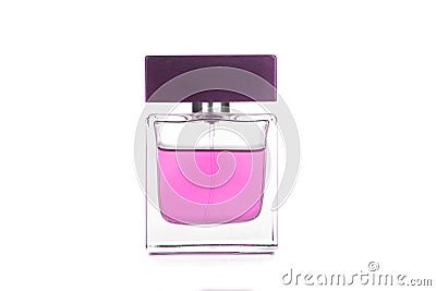 Pink women`s perfume in beautiful bottle isolated on white background Stock Photo