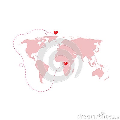 Pink world map Atlas with love around the world red heart isolat Vector Illustration