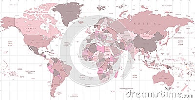 Pink world map with names of countries and their capitals Vector Illustration