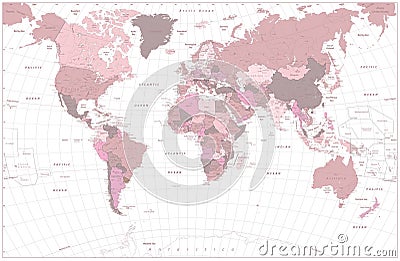 Pink world map with names of countries and their capitals Vector Illustration