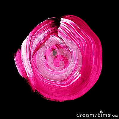Pink yarrow textured acrylic circle. Watercolour stain on black background. Stock Photo