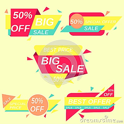 Pink and yellow colored stickers on a light background Vector Illustration