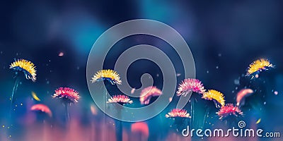 Pink and yellow dandelions on a blue and purple background. Spring summer creative image. Free space for text. Wide format. Stock Photo