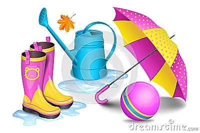 Pink-yellow gumboots in puddles, children umbrella, blue can Vector Illustration