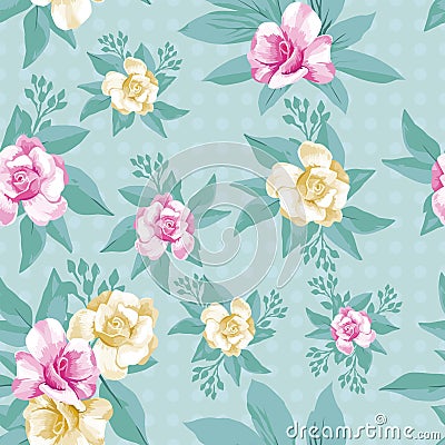 Pink yellow rose leaves seamless pattern mint background Vector Illustration