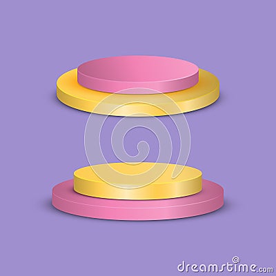 Pink and yellow round multi-angle pedestal empty isolated on purple background. Vector Illustration
